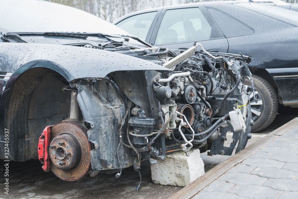 Damaged vehicle closeup after car crash