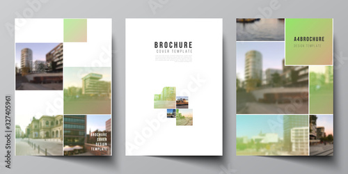 Vector layout of A4 cover mockups design templates for brochure, flyer layout, booklet, cover design, book design, brochure cover. Abstract project with clipping mask green squares for your photo.