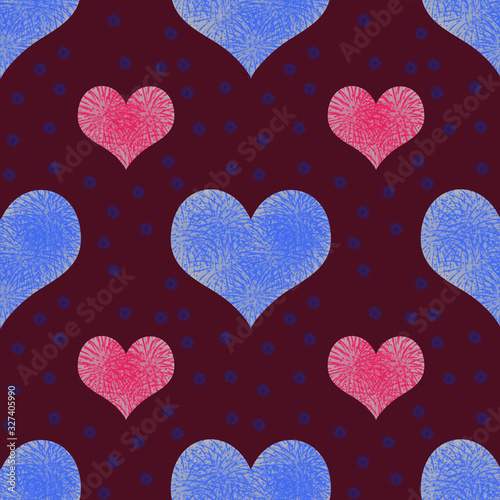 seamless pattern pink and blue hearts valentine's day template on claret background. can be used as wrapping paper, background, fabric print, web page backdrop, wallpaper