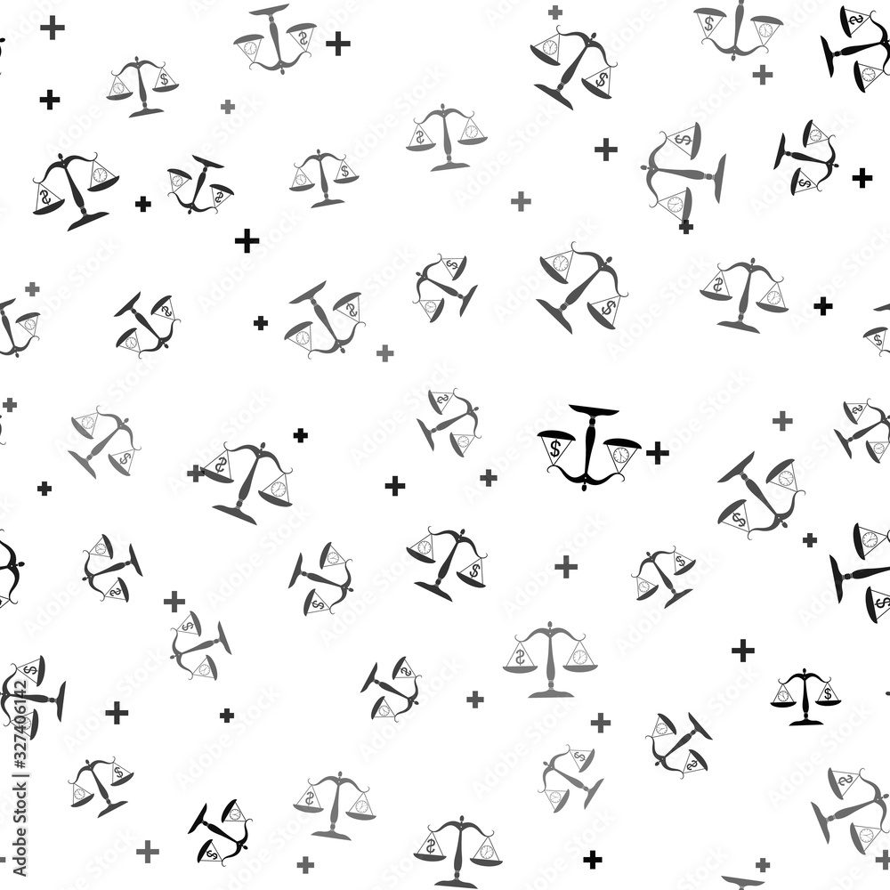 Black Scale weighing money and time icon isolated seamless pattern on white background. Scales with hours and a coin. Balance between work and the given time. Vector Illustration Black Scale weighing money and time icon isolated seamless pattern on white background. Scales with hours and a coin. Balance between work and the given time. Vector Illustration