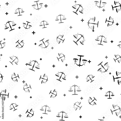 Black Scale weighing money and time icon isolated seamless pattern on white background. Scales with hours and a coin. Balance between work and the given time. Vector Illustration