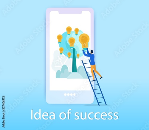 Advertising Poster Idea of Success Lettering. Deadlines for Implementation and Prioritization. On Screen Smartphone Tree with Fruits Light Bulbs. Man Climbed Up Stairs. Vector Illustration.