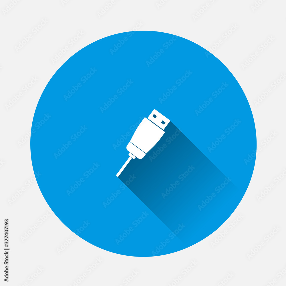 Usb cable icon on blue background. Flat image with long shadow. Usb cable icon on blue background. Flat image with long shadow.