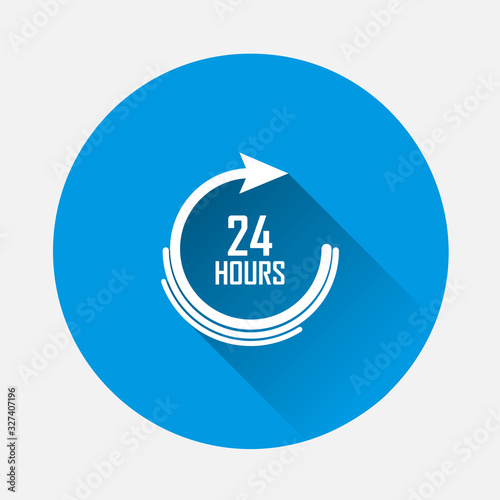 Vector icon of a clock. 24 hours icon on blue background. Flat image with long shadow.