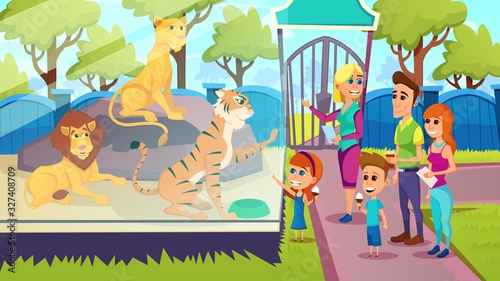 Happy Family of Mom  Dad  Daughter and Son Stand in Front of Glass Barrier with Lions and Tiger at Zoo  Guide  Parents and Children in Park  Walking Weekend Pastime  Cartoon Flat Vector Illustration