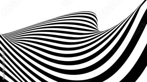 Optical illusion wave. Abstract 3d black and white illusions. Horizontal lines stripes pattern or background with wavy distortion effect. Vector illustration.