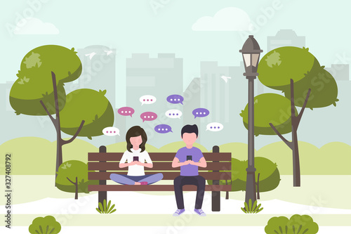 Young woman and young man sitting in city park and sending messages with smartphone. Stock vector. People and mobile technology flat illustration, chat, mobile messengers, communication.