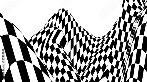 Optical illusion wave. Chess waves board. Abstract 3d black and white illusions. Horizontal lines stripes pattern or background with wavy distortion effect. Vector illustration.