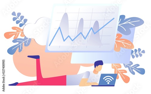 Man Work on Notebook Financial Graphic Growth Vector Illustration. Finance Report Analysis. Money Profit Graph Grow. Working Time Organization Process. Management Productivity Boost