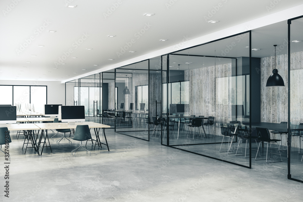 Concrete coworking glass office interior - obrazy, fototapety, plakaty 