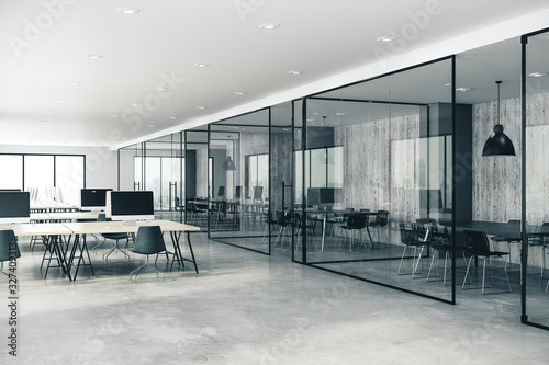 Concrete coworking glass office interior