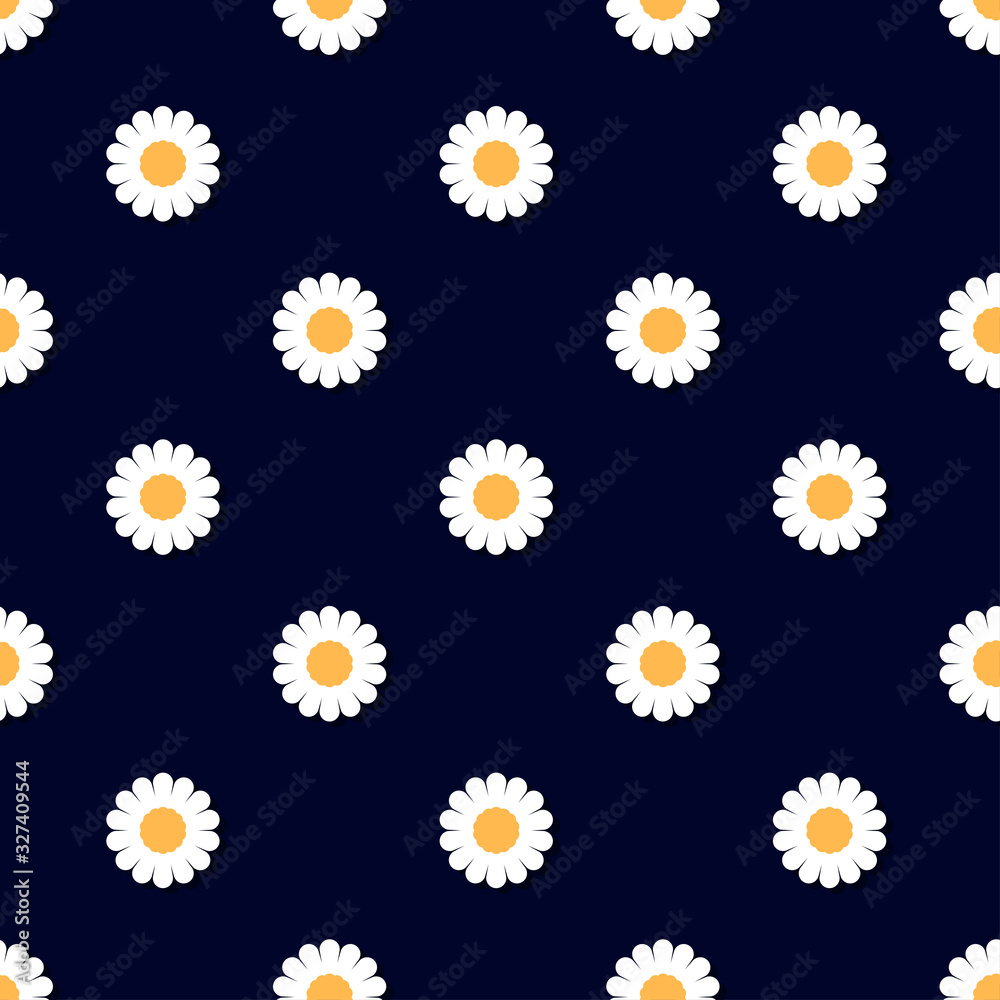 Beautiful small camomile flowers isolated on dark blue background. Seamless pattern. Vector graphic drawing. Texture.