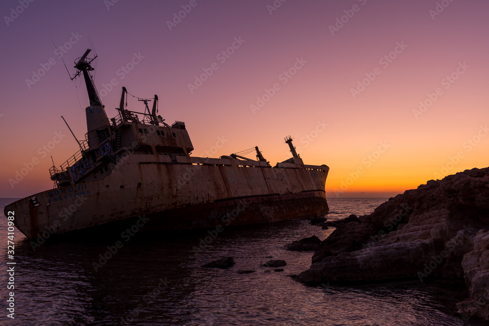 edro 3 shipwreck near paphos cyprus on beautiful sunset colors
