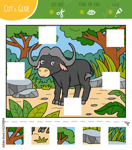 Find the missing pieces, jigsaw puzzle game. Cut and glue squares. Buffalo and african background
