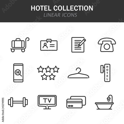 Hotel collection linear icons in black on a white background