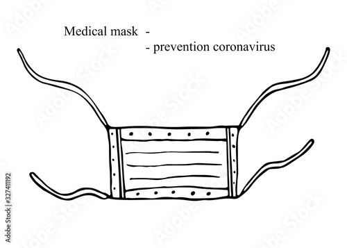 Medical protective face mask. Linear vector icon with text. Hand-drawn sketch to illustrate concepts for the prevention of influenza, coronavirus, allergies, hygiene, stopping of mass infections