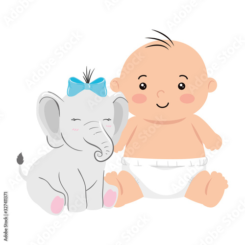 cute little baby boy with cute elephant vector illustration design