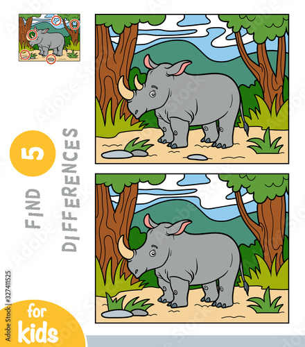 Find differences, education game for children, Rhino in the African savannah