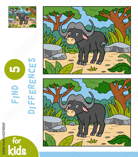 Find differences, education game for children, Buffalo in the African savannah