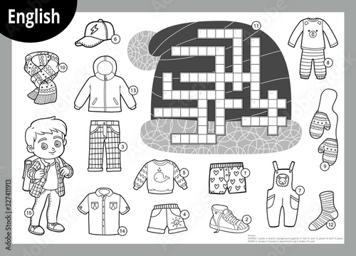 Vector black and white crossword in English. Cartoon set of clothes for boy