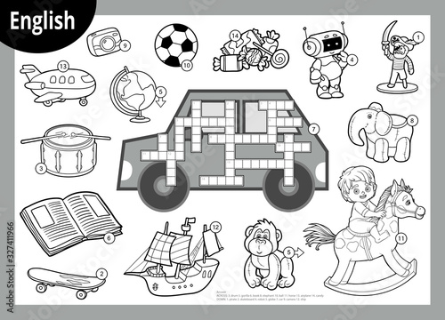 Vector black and white crossword in English. Cartoon set of toys and items for boys