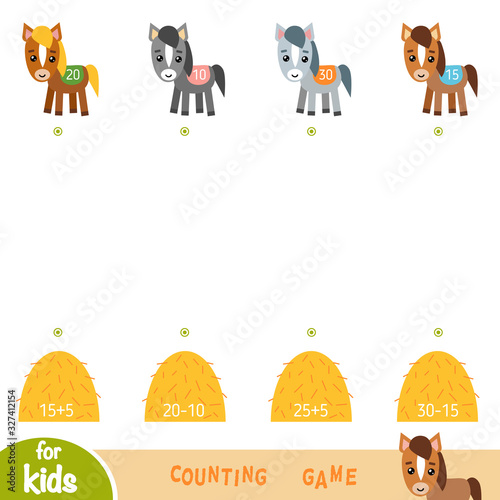 Counting Game for Preschool Children. Educational a mathematical game. Horses and haystacks