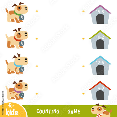 Counting Game for Preschool Children. Educational a mathematical game. Dogs and kennels