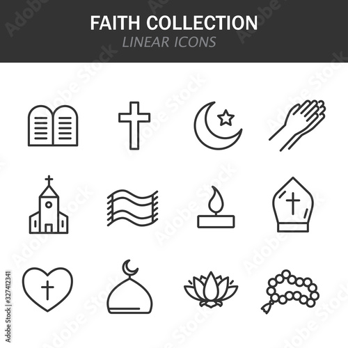 Faith collection linear icons in black on a white background