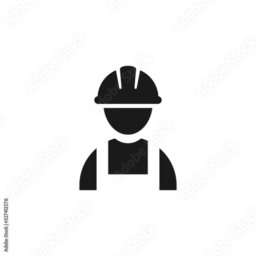 Worker with hardhat or helmet, construction builder black vector icon. Workman employee contractor symbol.