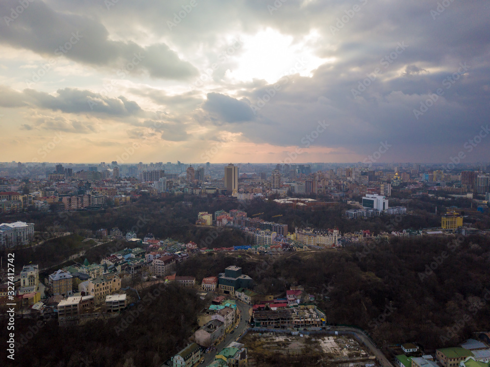 Aerial drone view. Rain clouds over the historical part of Kiev.