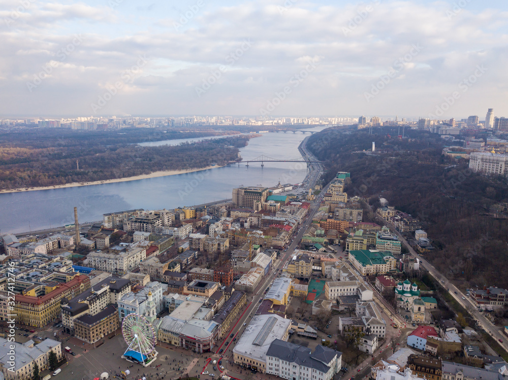 Fototapeta premium Aerial drone view. View of the buildings on Podil in Kiev.