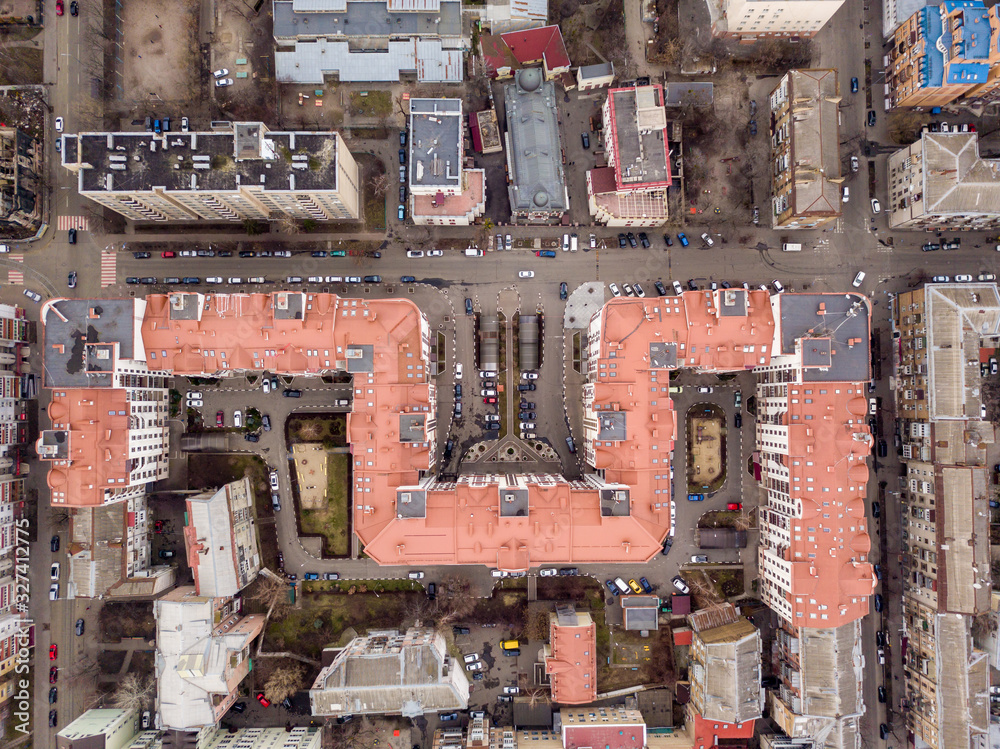 Aerial drone view. View of the buildings on Podil in Kiev.