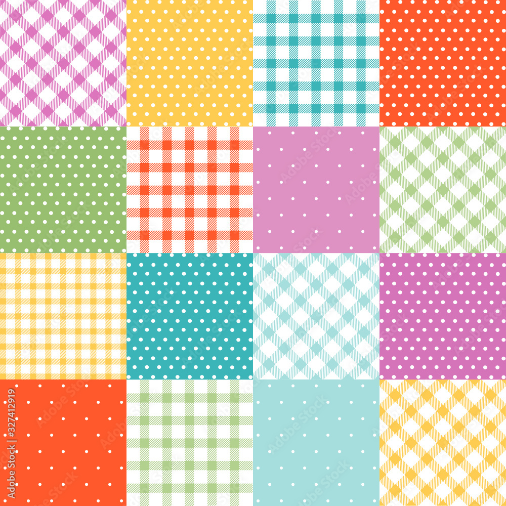 Set of plaid, dots, polka, easter seamless patterns Set of plaid, dots, polka, easter seamless patterns