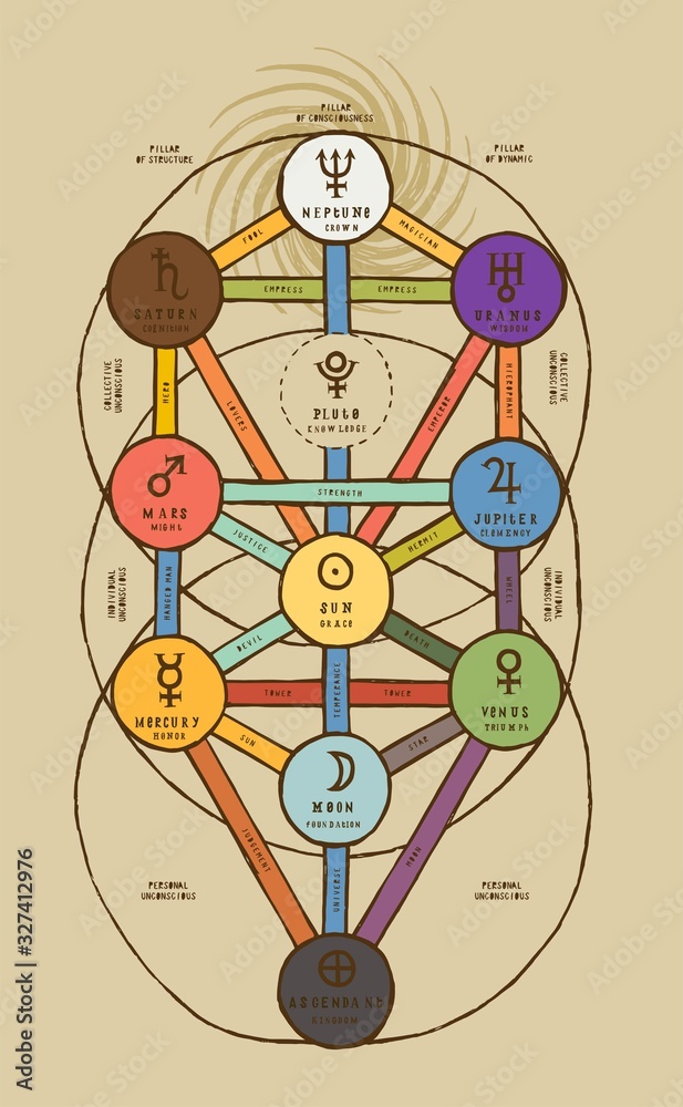 Sephirotic tree in detail an colored. The tree of life Kabbalah symbol.  Vintage occult vector illustration. Stock Vector | Adobe Stock
