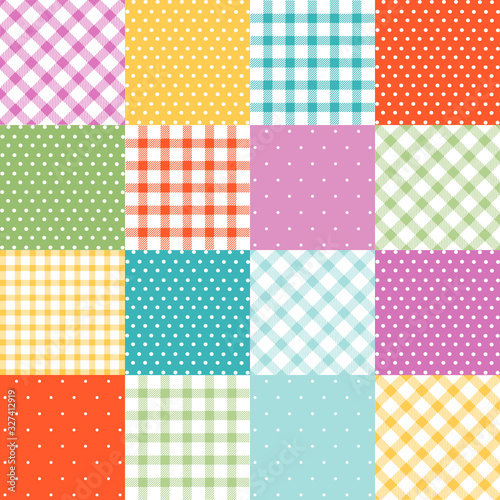 Set of plaid, dots, polka, easter seamless patterns