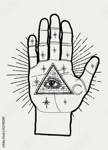 Chiromancy palm with eye of providence in the triangle and stars and moon in the vintage rays. Occult illustration.