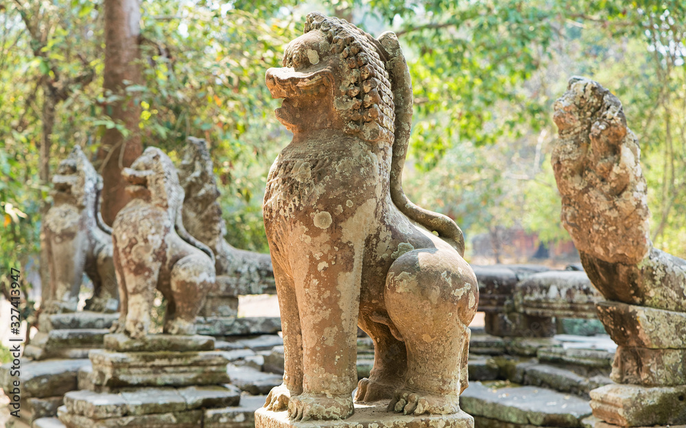 Carved statues in Banteay Kdei temple complex Siem Reap Cambodia