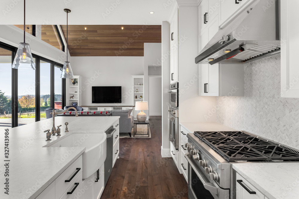 Beautiful kitchen and living room in new luxury home. Shows view of living room with vaulted ...