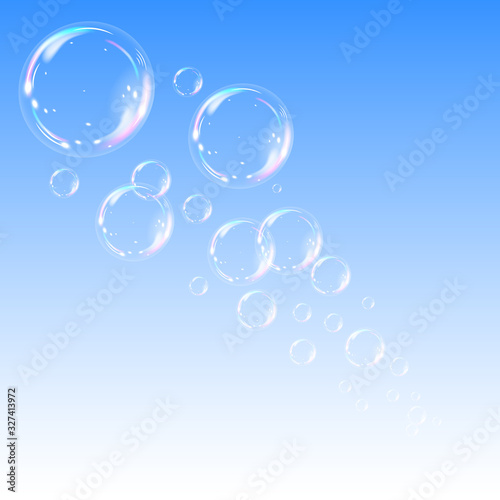 Soap bubbles on blue background. vector illustration. Realistic Soap bubbles background