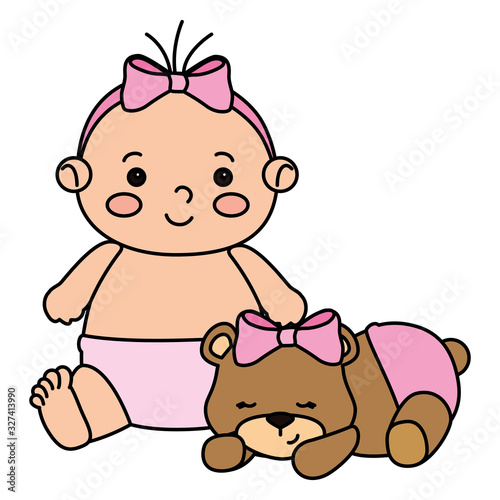 cute little baby girl with teddy bear vector illustration design