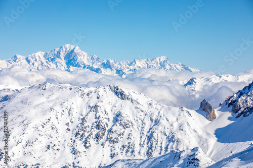 Val Thorens, France - February 18, 2020: Winter Alps landscape from ski resort Val Thorens. Mont Blanc is the highest mountain in the Alps and the highest in Europe © JEROME LABOUYRIE