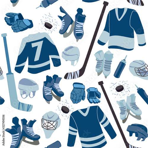 Ice Hockey seamless hand drawn pattern. Puck, equipment of hockey player with hockey-stick. 