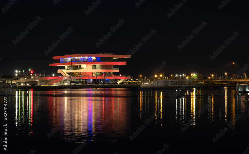 Valencia harbor night lighting Spain America's Cup Building water reflections