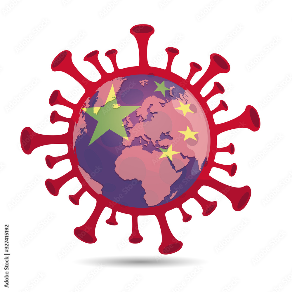 corona virus sign with chinese flag on globe illustration