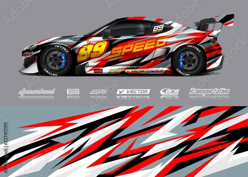 Car decal design vector. Graphic abstract stripe racing background designs for vehicle, race, rally, adventure and car racing livery. © zoulgraphic