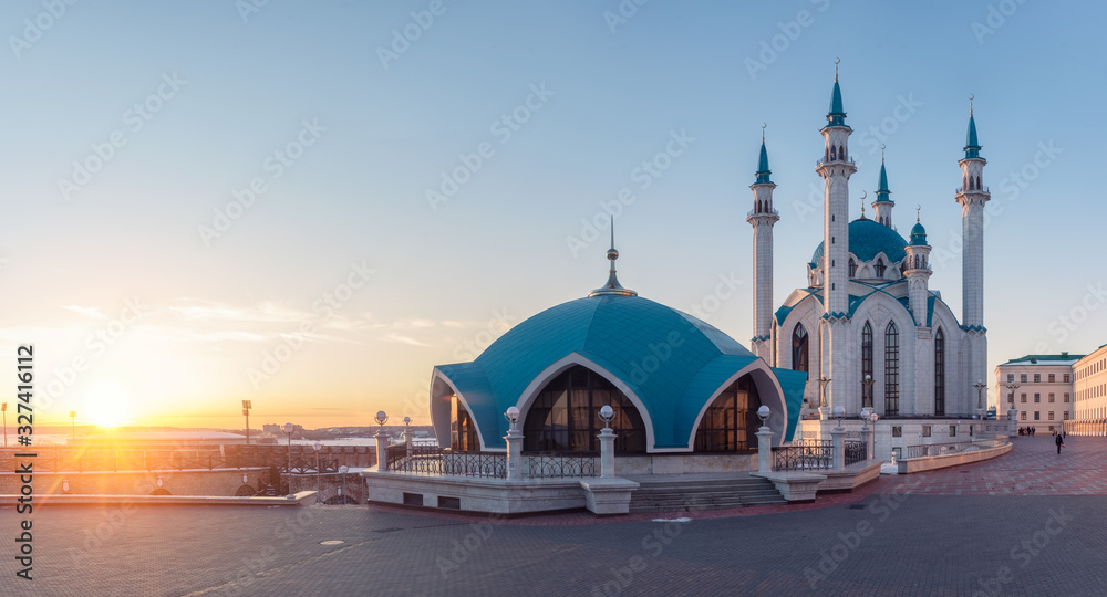 Kazan Kremlin, panorama of the Kul-Sharif mosque on a sunset background.