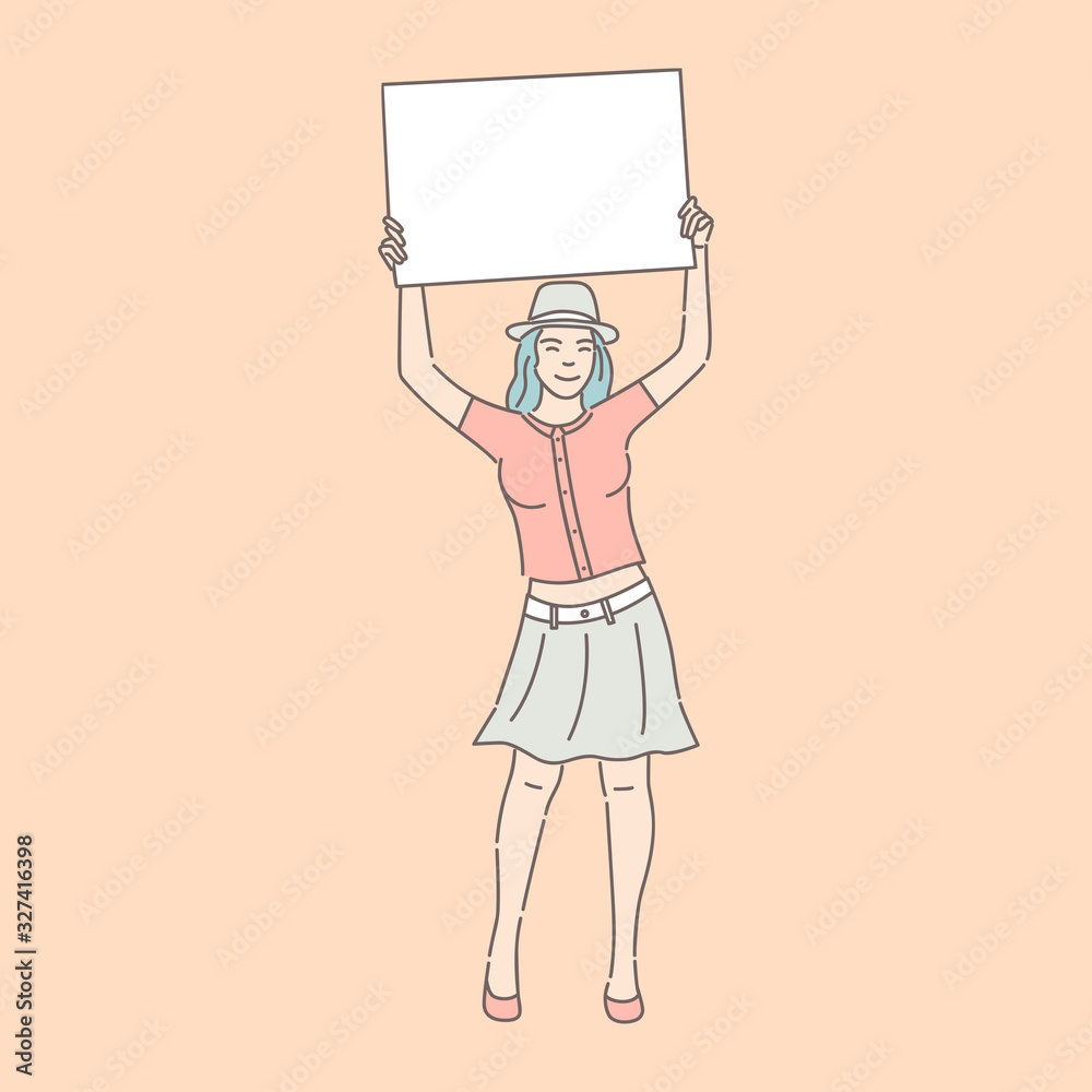 Smiling young girl in casual clothes holding card in raising hands vector illustration. Smiling young girl in casual clothes holding card in raising hands vector illustration.