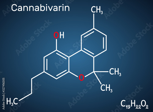 Cannabivarin, CBV molecule. It is natural product found in Cannabis sativa, is non-psychoactive cannabinoid. Structural chemical formula on the dark blue background