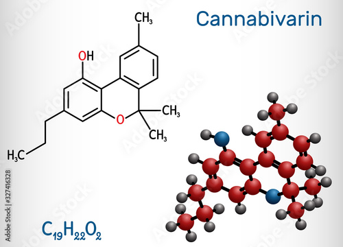 Cannabivarin, CBV molecule. It is natural product found in Cannabis sativa, is non-psychoactive cannabinoid. Structural chemical formula and molecule model.