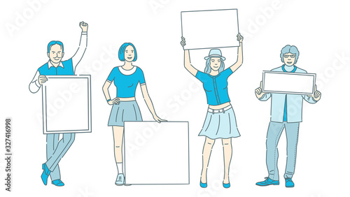 People holding placards with space for text cartoon illustration. Activism, demonstration, advertising.